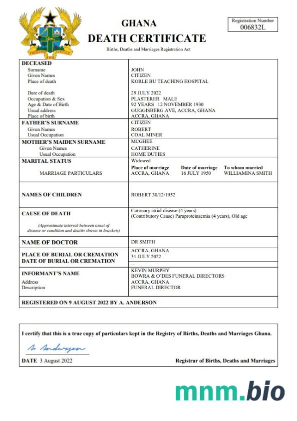 Ghana rekord życiowy śmierć certyfikat Word i PDF szablon
